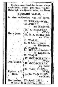Overlijdensadvertentie van Eduard Walg