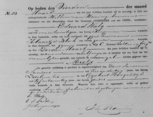 Geboorteakte van Mietje Walg te Ouderkerk aan den IJssel op 3 maart 1875. Eduard deed de aangifte. Getuigen waren David Sander Sanders (ook Joods) en Gijsbert Hoogendijk.