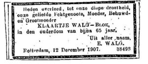 Overlijdensadvertentie van Klaartje Walg-Blok. Overleden op 12 december 1907
