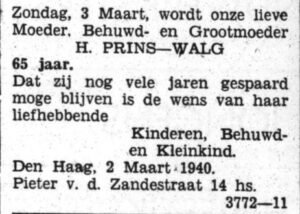 Waarschijnlijk de laatste heugelijke gebeurtenis voor de oorlog. Een annonce van de kinderen voor de 65e verjaardag van Hester
