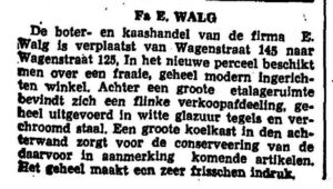 Artikel over het nieuwe pand van de Firma Walg aan de Wagenstraat 125 te 's-Gravenhage Bron: Het Vaderland- 25 juli 1940