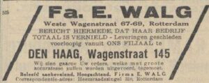 Een advertentie van de firma Walg met de mededeling dat hun hele winkel vernield is door het bombardement van 14 mei 1940 Bron: Nieuw Israelitisch Weekblad 7 juni 1940
