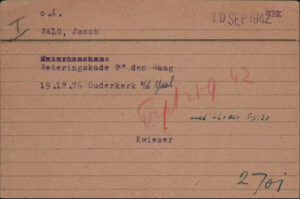 Kaart uit de Joodse Raad Carthotheek. Bovenin staat de afkorting O.A. , wat betekent dat Jacob nog geen meldingsoproep had gekregen en zich dus uit eigen beweging heeft gemeld. Bron: Bad Arolsen Archief