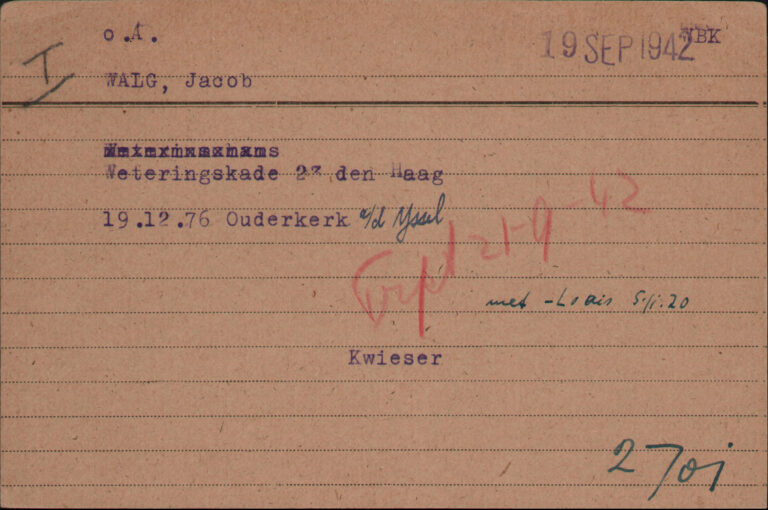 Kaart uit de Joodse Raad Carthotheek. Bovenin staat de afkorting O.A. , wat betekent dat Jacob nog geen meldingsoproep had gekregen en zich dus uit eigen beweging heeft gemeld. Bron: Bad Arolsen Archief