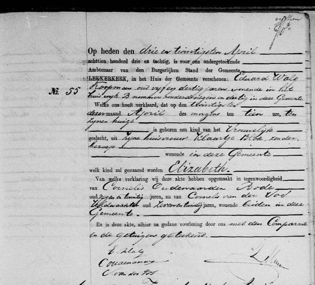 Geboorteakte van Elizabeth Walg. Van 20 april 1883