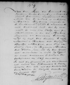 Een kopie van de verplichte naamsaanneming in 1811. Benjamin AAbraham Walg registreert de naam officieel voor hem en zijn kinderen.