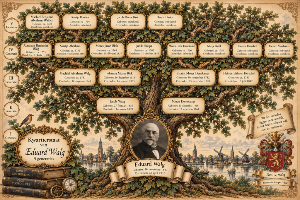 Een kwartierstaat van Eduard Walg met als achtergrond een sierlijke boom